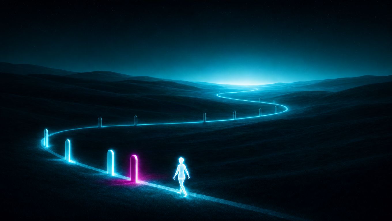 A glowing path winding across dark hills towards a bright horizon, with lit milestone markers